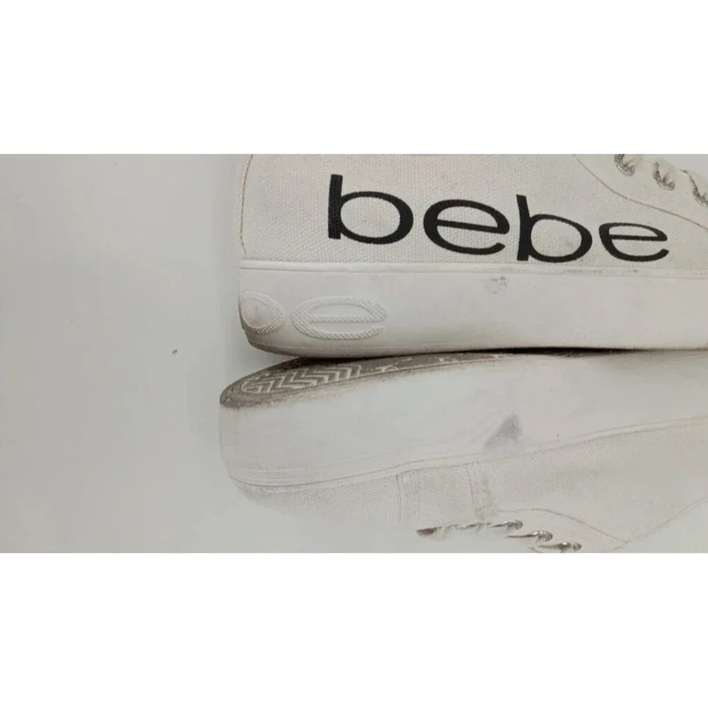 Y2K White Canvas Platform Sneakers Black Logo Bebe Sport Size 10